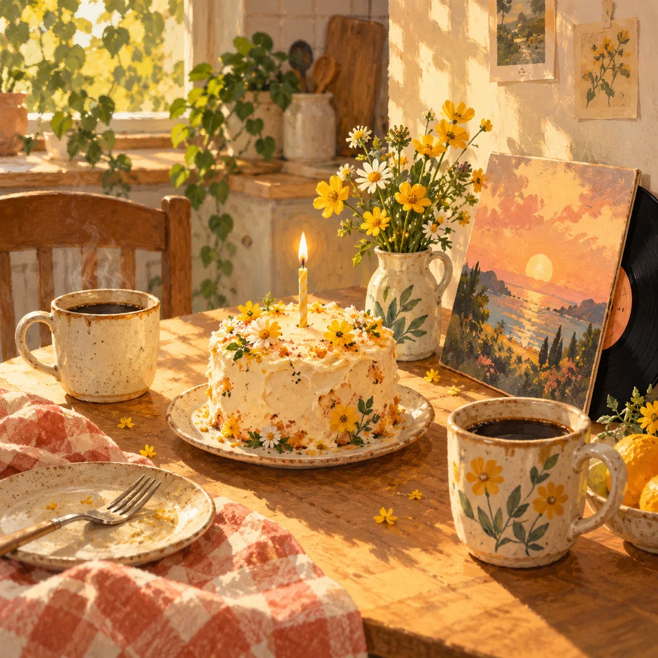 A warm sunlit birthday illustration for Bright Days, Jamie